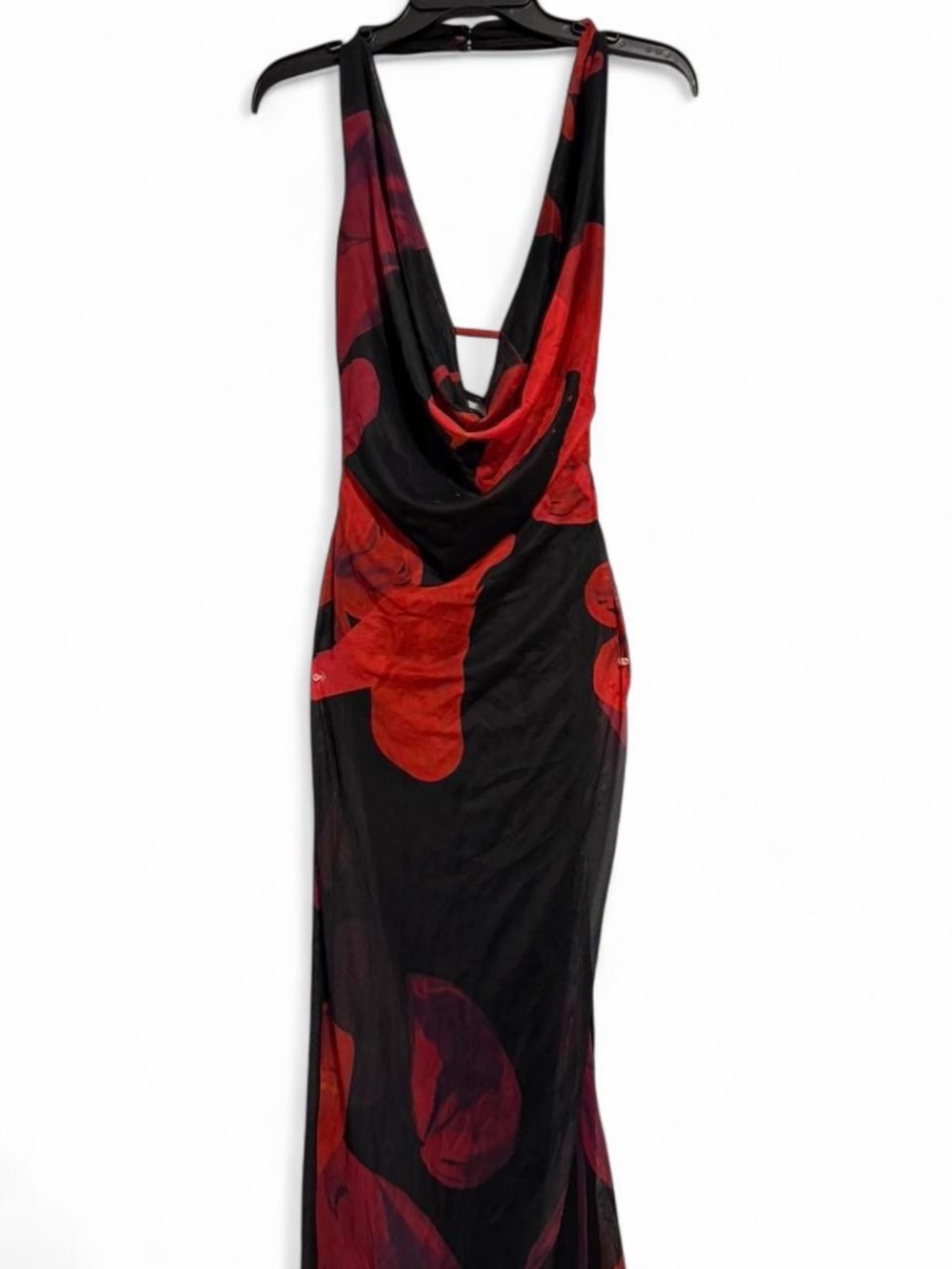 edge Black Dress with Red Floral Print Backless Cowl Neck